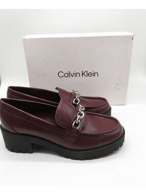 Calvin Klein Womens Dark Wine Loafers Silver Chain Accent Size 9.5M NEW